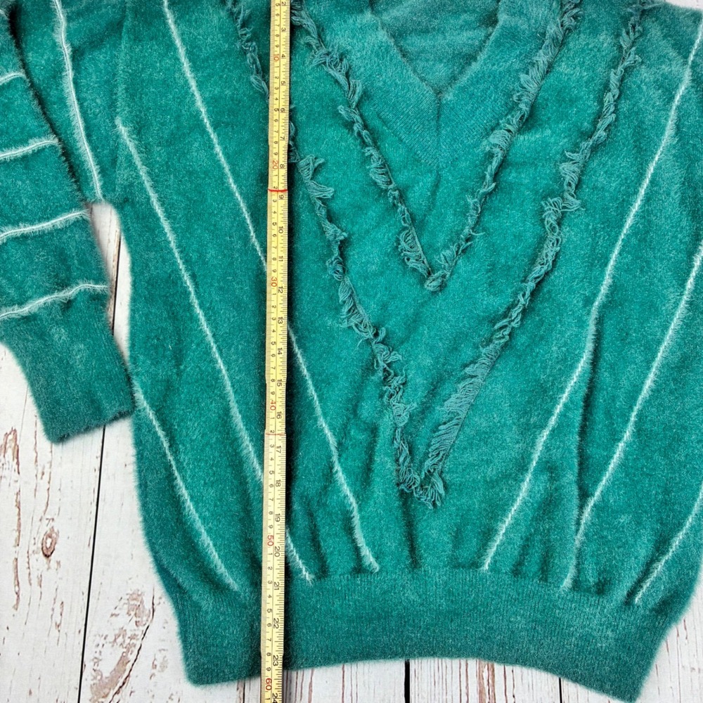 Vintage Teal Green Angora Fringe V-Neck Sweater Pinstripe Knit Pullover - Picture 5 of 6